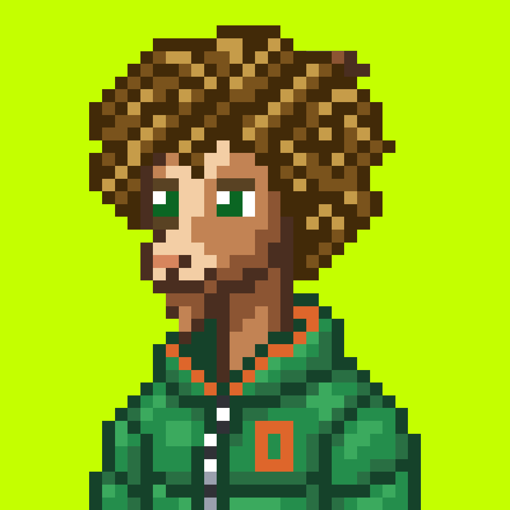 The Goat pixel-art PFP with a curly afro, wearing a green jacket with an orange bead chain, on a lime background