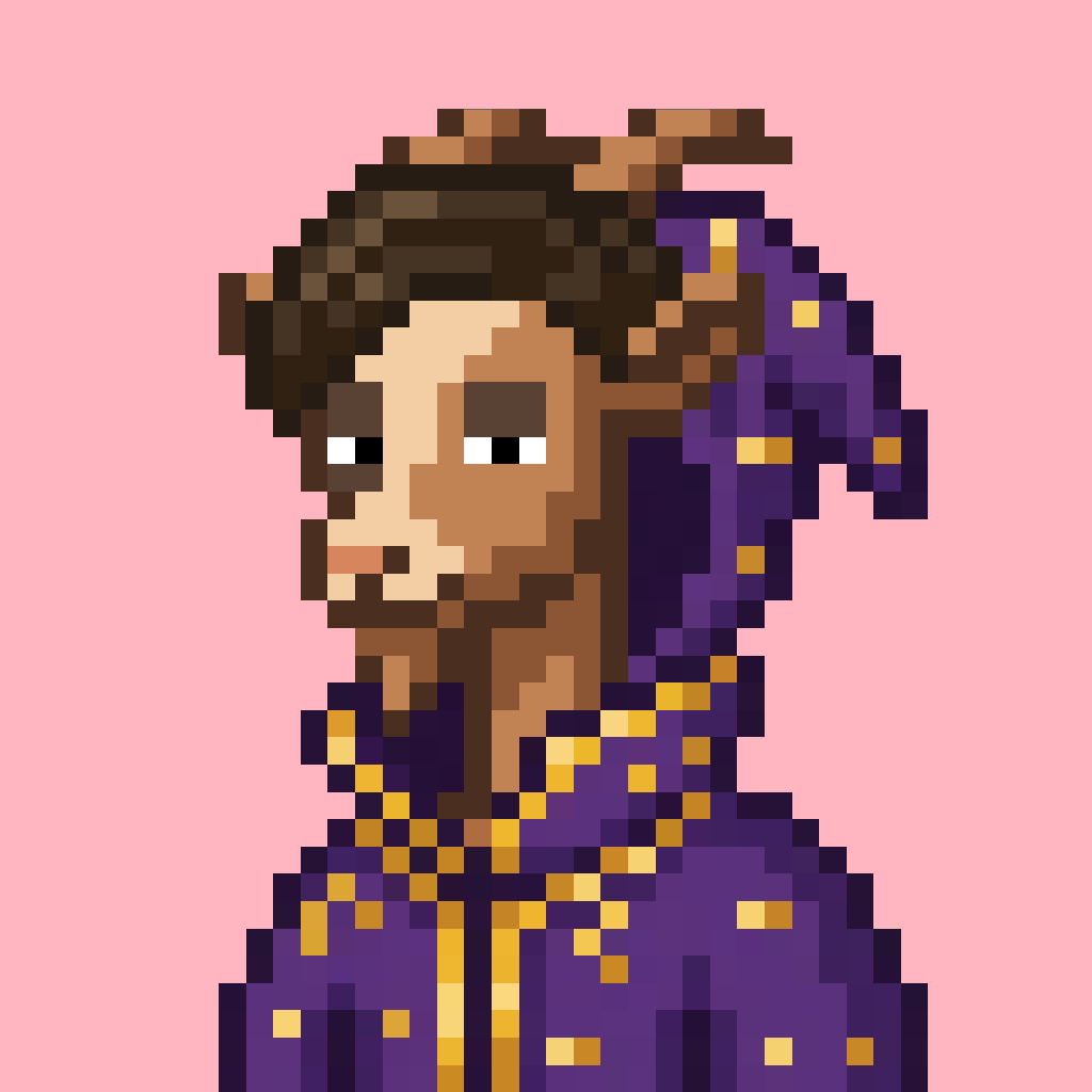 The Goat pixel-art PFP in a purple hooded robe with gold accents on a pink background