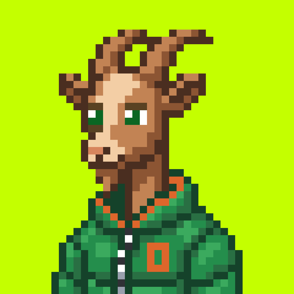 The Goat pixel-art PFP wearing a green bomber jacket with an orange bead chain